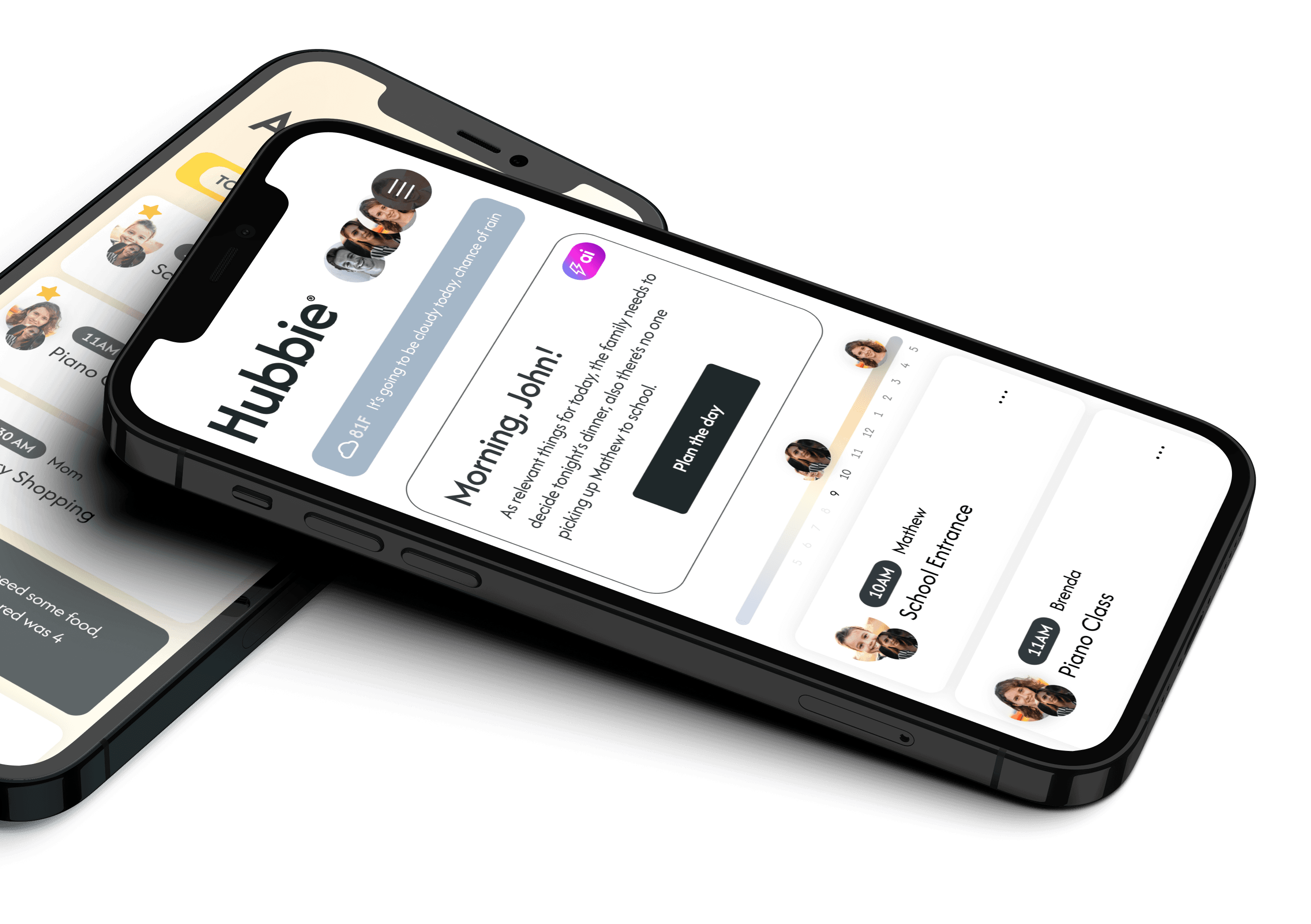 Hubbie app interface showing family planning features, calendar, and task management
